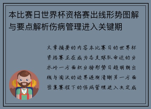 本比赛日世界杯资格赛出线形势图解与要点解析伤病管理进入关键期